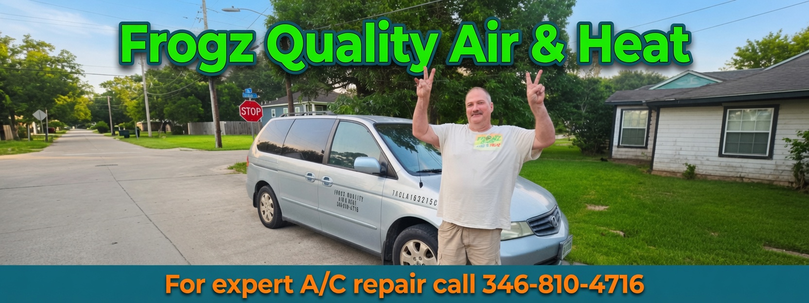 Brent Valentino with Frogz Quality Air & Heat service van in Dickinson, TX